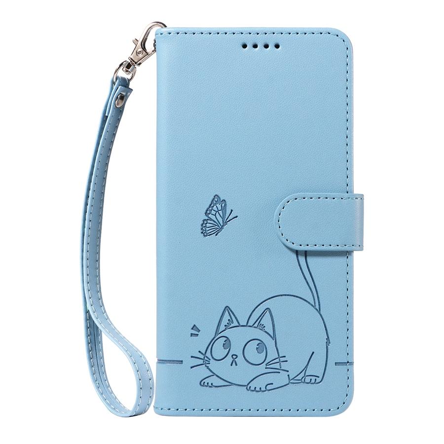 Embossed Butterfly and Cat Flip Case with 3 Card Slots and Stand for iPhone/Samsung/Xiaomi Redmi PU Leather Phone Wallet Case with Hand Strap