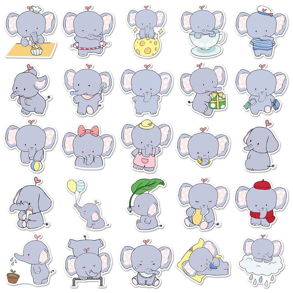 50 Cute Hand-Painted Cartoon Baby Elephant Stickers for Luggage, Diary, and Water Bottles