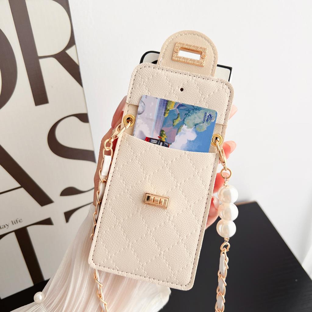 Applicable to Samsung Zfold7 mobile phone case zfold4 protective case, love rhombus folding screen card bag, pearl oblique span women