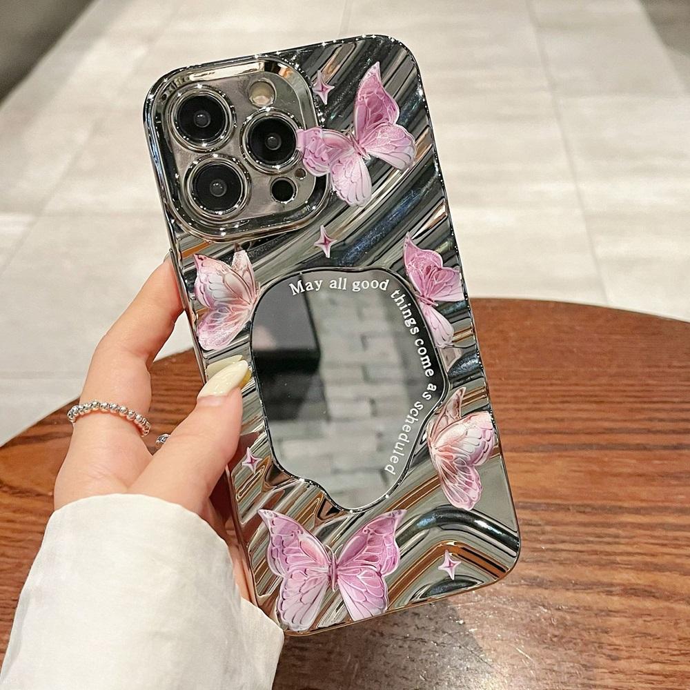 Cute Butterfly Makeup Mirror Wavy Phone Case For iPhone 16 15 14 13 12 11 Pro Max XS X XR 8 7 SE Plating Shockproof Bumper Cover