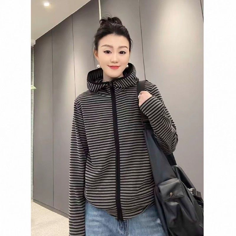 Fashionable Striped Hooded Jacket for Women Korean Loose Casual Versatile Sweatshirt