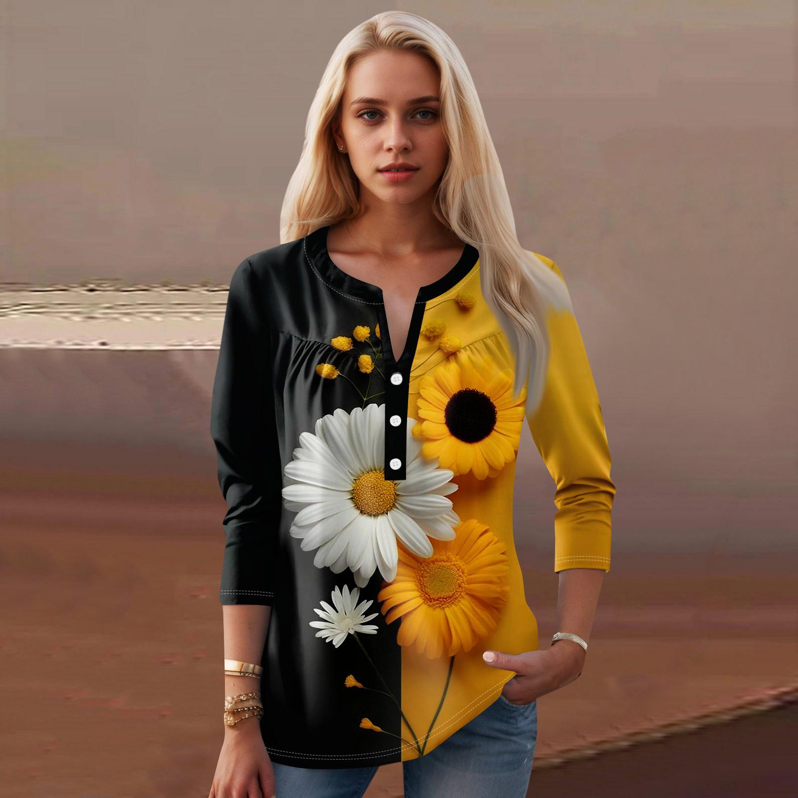 

Женская мода повседневный топ с длинным рукавом и круглым вырезом с цветочным принтом XXL чёрный