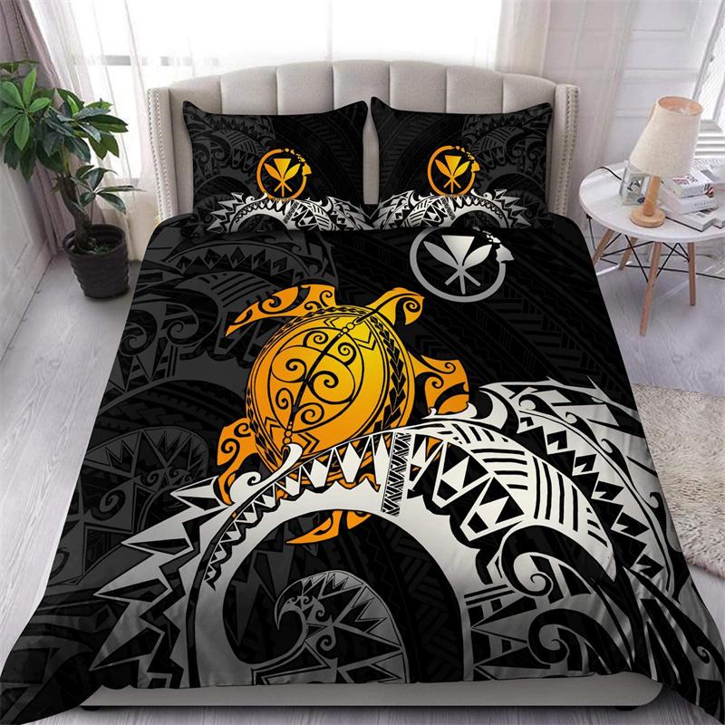 Hibiscus Floral Duvet Cover Tribal Polynesian Turtle Bedding Set Hawaiian Polyester Comforter Cover King Size For Kid Adult Teen