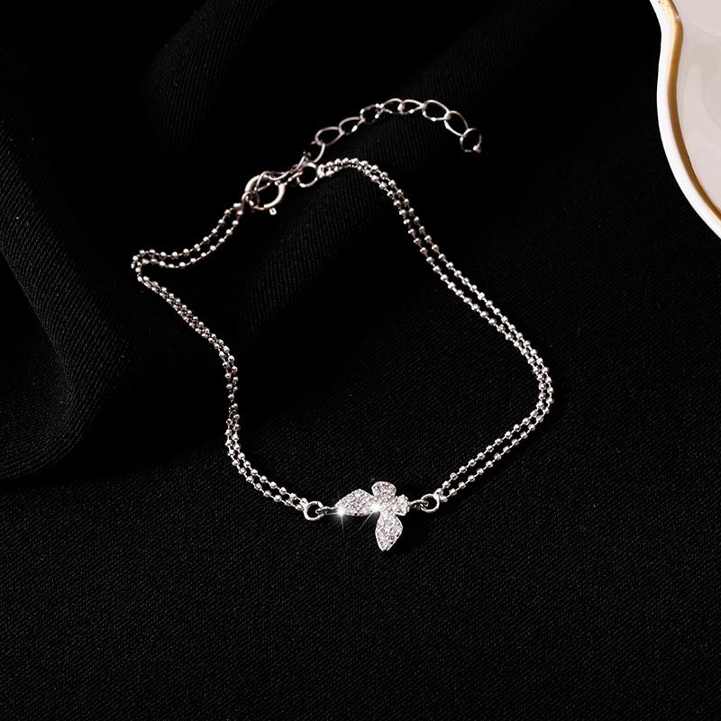 Sweet Shining Zircon Butterfly Bracelet for Women Anti-Allergic Silver Color Chain Bling Bracelet with Stamp Gift