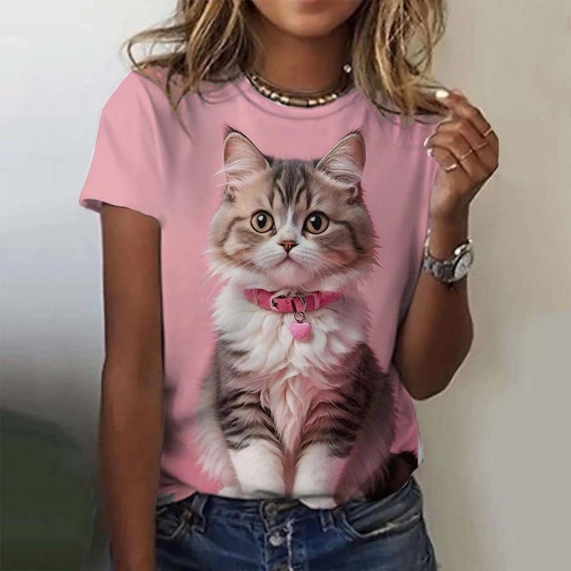 Damski T-shirt dla Dziewczyn Wzór Słodkiego Kota Nadruk 3D Topy Lato Krótki Rękaw Casual Moda Odzież Damska Oversize T-shirty