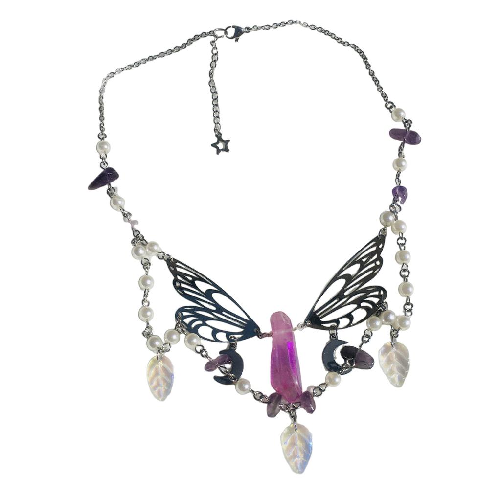 Handmade Natural Crystal Angel Necklace Butterfly Wing Pendant Necklaces Multi-Layer Tassels Choker Clavicle Chain Gift