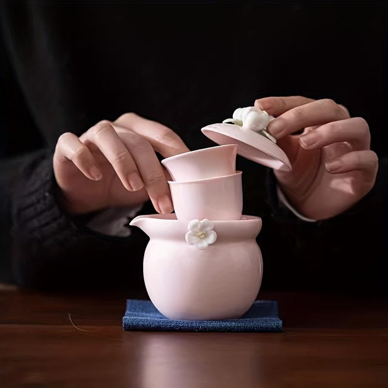 1 Set Portable Travel Tea Set Outdoor Travel Tea Set 1 Pot 4 Cups Teapot Teacup Inch Porcelain Pink Women's Outdoor Camping Portable Storage Bag Trave