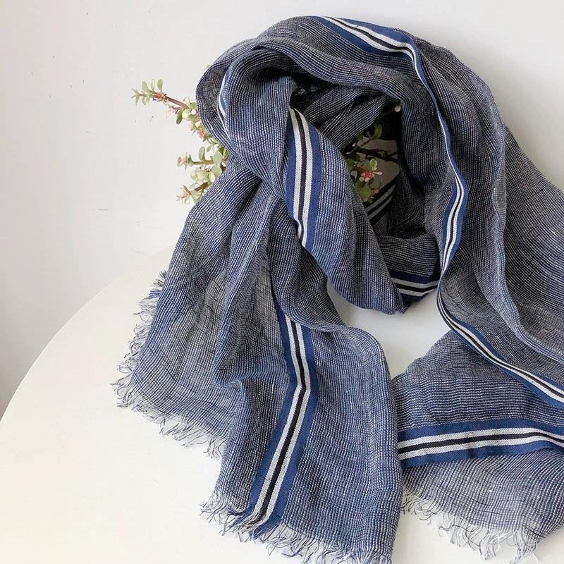 Spring/Summer New Men's Linen Scarf Blue Color Versatile Breathable Shawl Casual Hairy Japanese Striped Scarf for Men