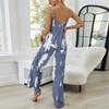 Women's Casual Strapless Sleeveless Printed High-Waisted Belted Pocket Jumpsuit Pantsuit