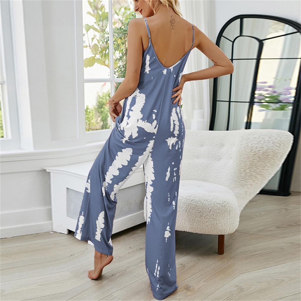 Women's Casual Strapless Sleeveless Printed High-Waisted Belted Pocket Jumpsuit Pantsuit