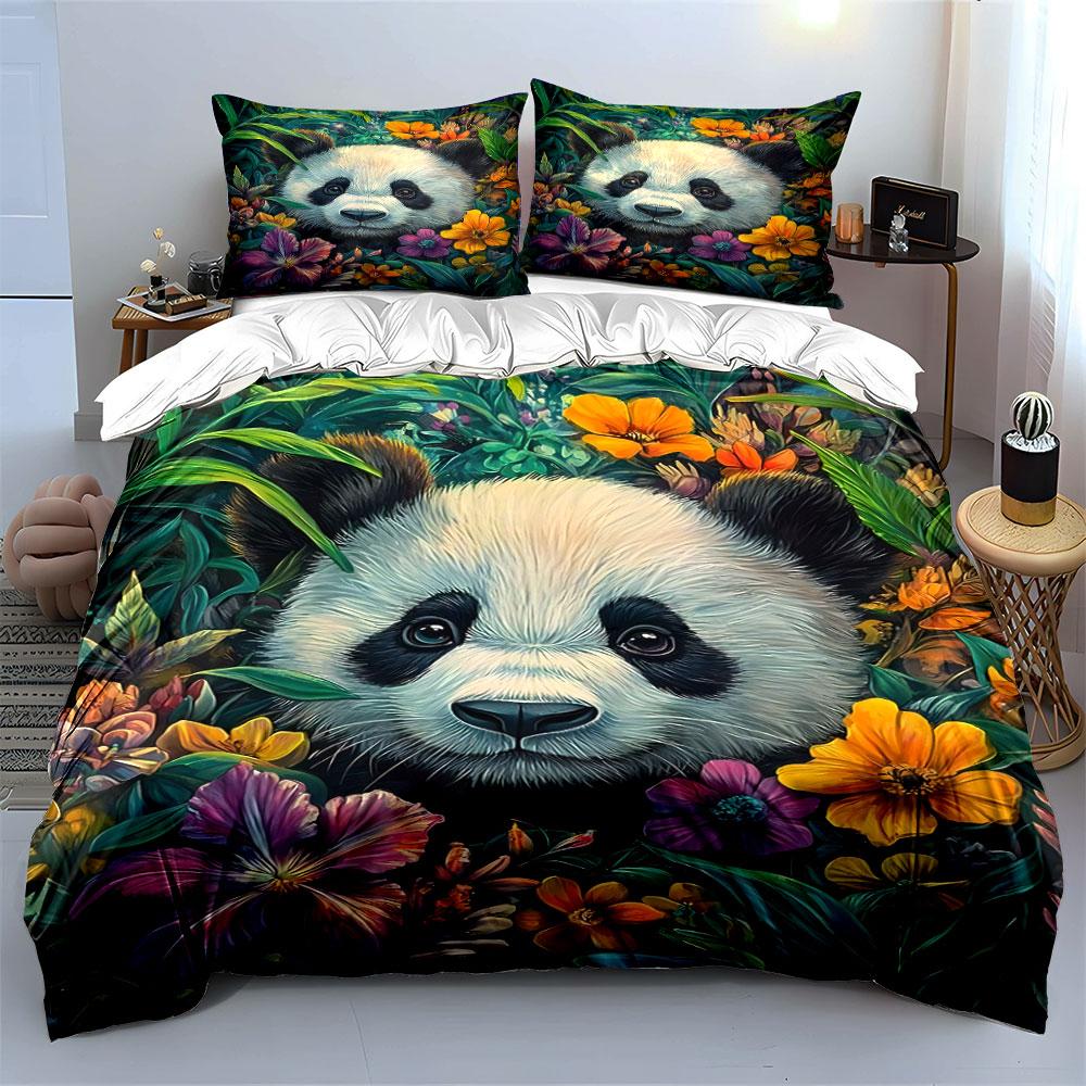 Adorable Panda Peeks From Vibrant Flowers Duvet Cover Set With 3D Printing Design Soft Polyester Bedding Set All-Season Comfort