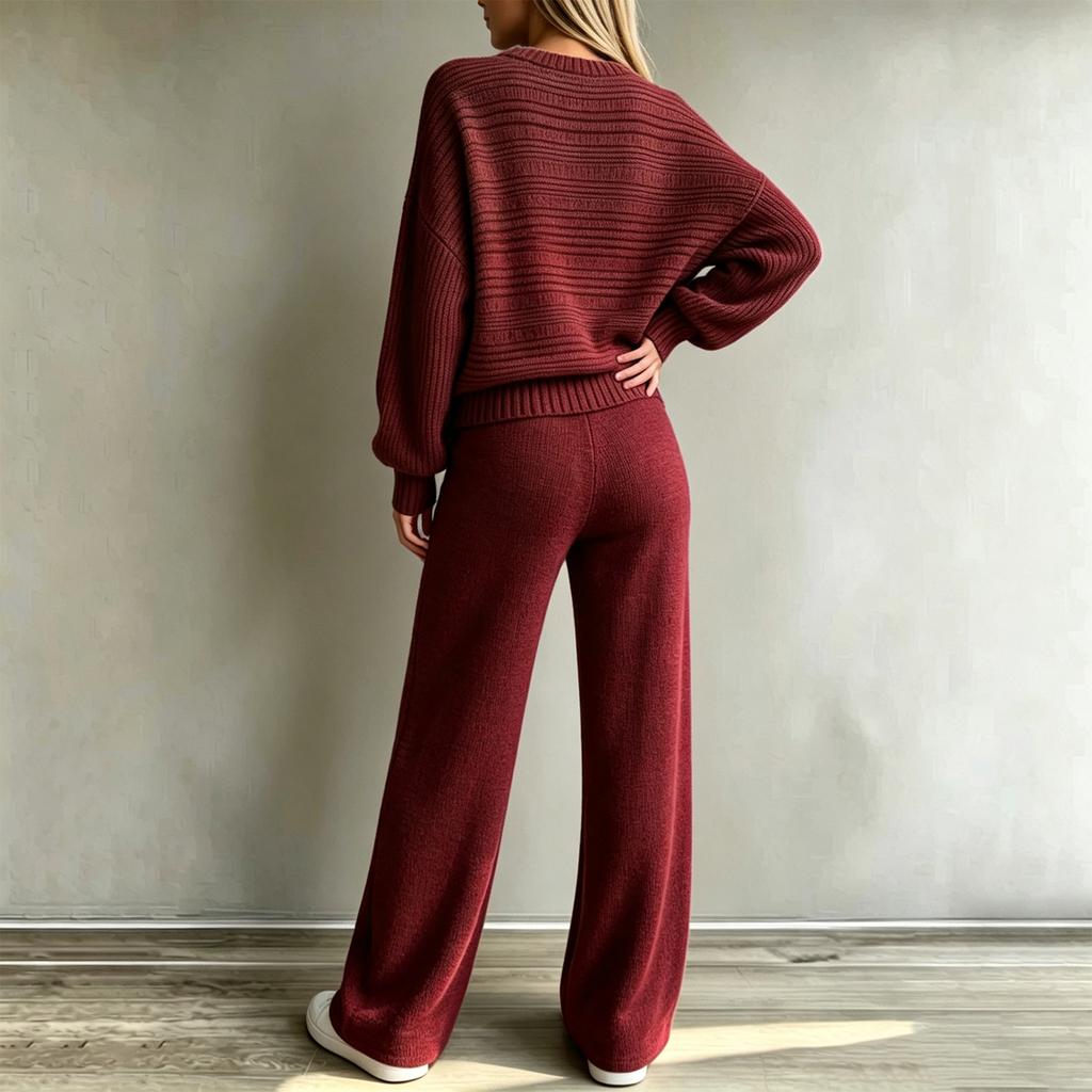 Women's Ribbed Knit Two-Piece Set Long Sleeve Top and Wide Leg Pants Casual Outfit