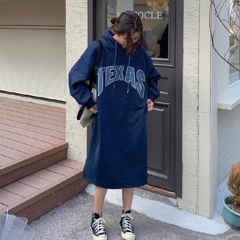 Womens Oversized Hooded Long Sweatshirt Dress With Letter Print Plus Size Loose Fit Knee-Length Casual Winter