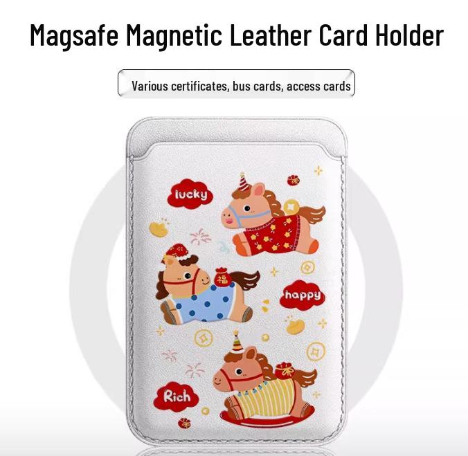 Lucky Happy Little Horse MAGsafe Magnetic Leather Card Holder Compatible Apple Phone Case