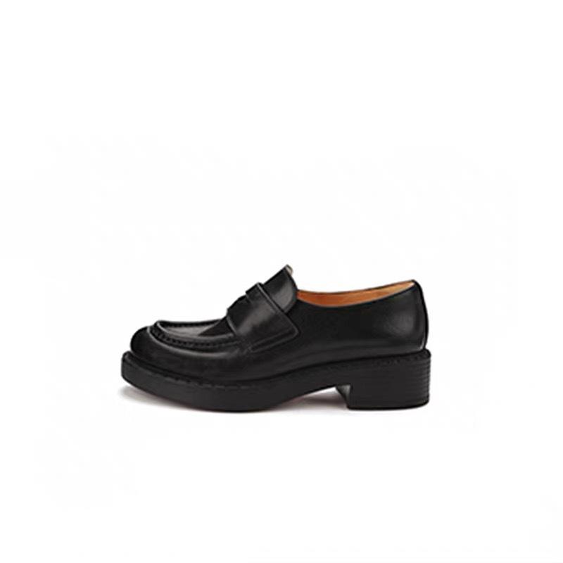 Cowhide version~ Genuine leather platform loafers women's black round head thick heel single shoes retro British lazy small leather shoes