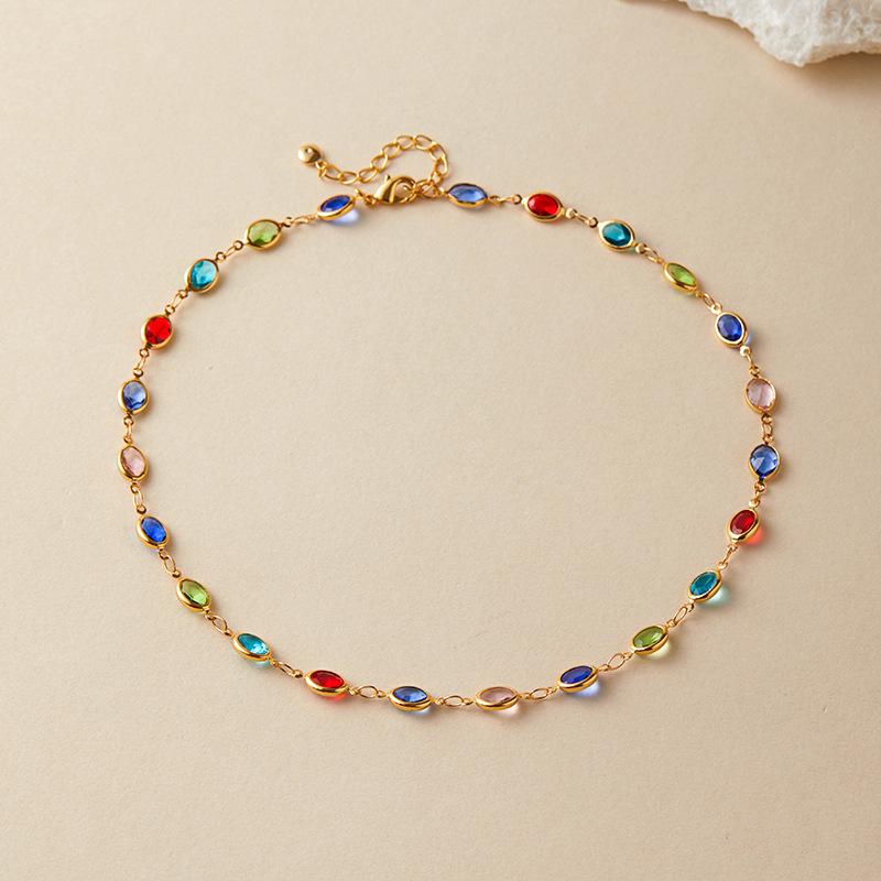 Multicolor Glass Dopamine Light Luxury Clavicle 18k Gold Plated Colorblock Necklace разноцветный