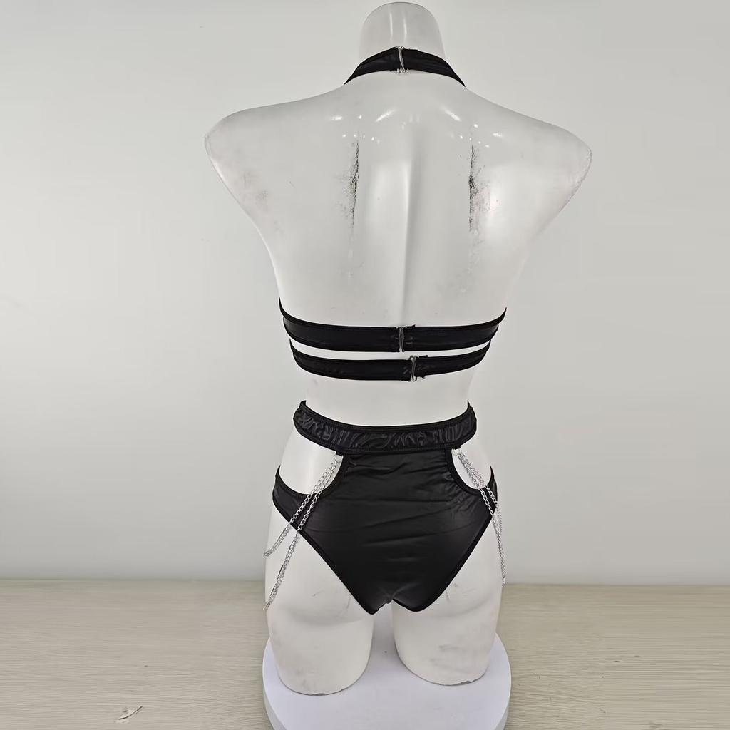 Metal Chain Buckle  Leather Neck Hanging Two-piece Set Of Fun Lingerie Set