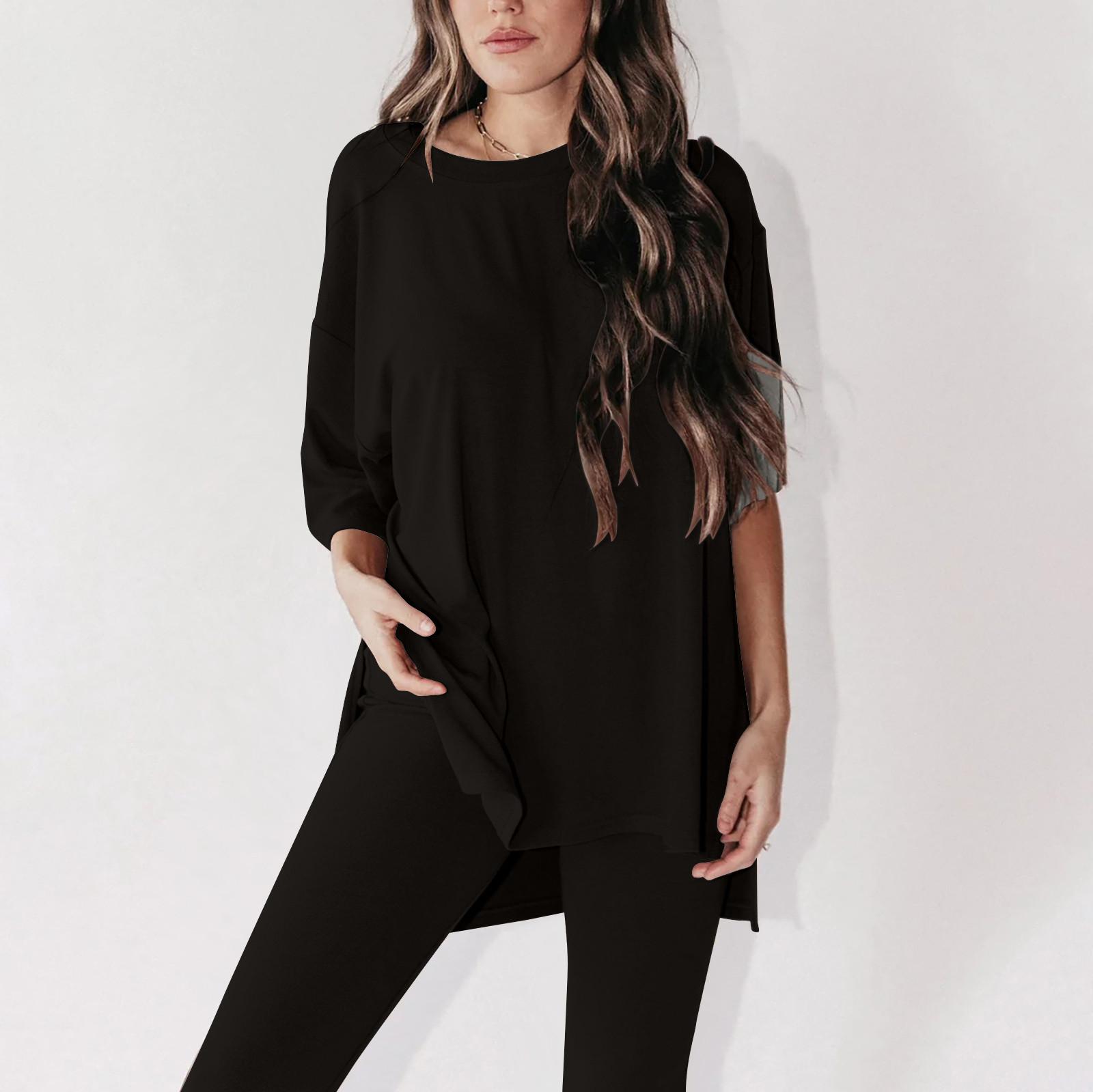 

Женский летний комплект из 2 предметов с круглым вырезом и короткими рукавами, заниженными плечами, топ для больших мальчиков и обтягивающие байкерские шорты для йоги, комплект L чёрный