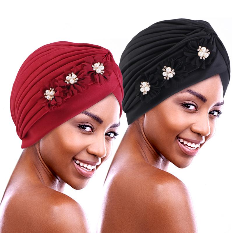 Flower Pearl Turban Pleated Inner Hijab Hat Women Chemo Cap Muslim Headscarf Beanies Bonnet Arab Islamic Hair Loss Turbante