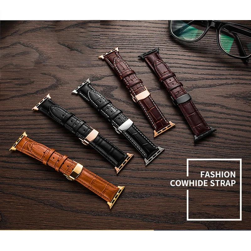 Leather Watchbands for Apple Watch Series 7 45mm 41mm Watch Band for Iwatch 6 5 4 SE 44mm 40mm 42mm 38mm Strap Butterfly Buckle