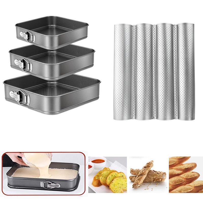 Non-Stick Springform Cake Pan Set and Perforated Baguette Baking Tray for Bread Cheesecake Pastry Kitchen Bakeware Tools