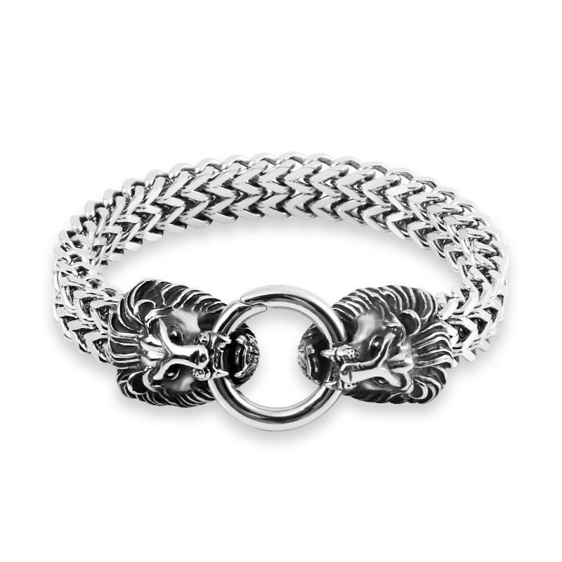 Viking Wolf Head Bracelet for Men Stainless Steel Chain Link Retro Handmade Jewelry Gift