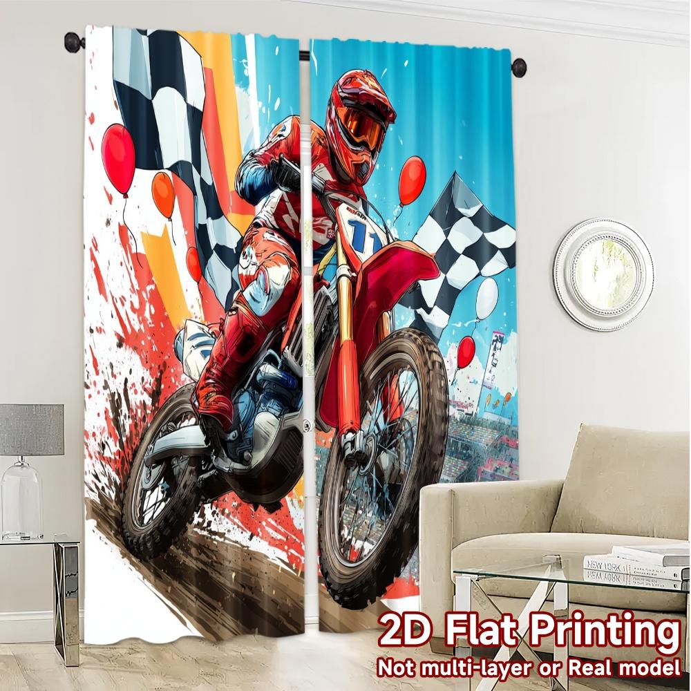2pcs, 2D FLAT PRINTING Curtains (Without Rod) MotoRacer Chase Print Chic Curtains Semi-Sheer Curtains Decorations Suitable for