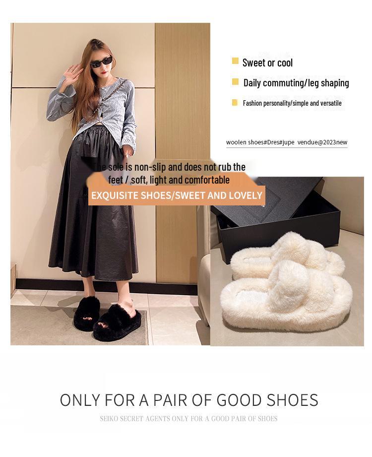 Large Cross-Fur Women's Slippers - Thick, Flat-Bottomed, Warm & Stylish for Spring, Autumn, Winter