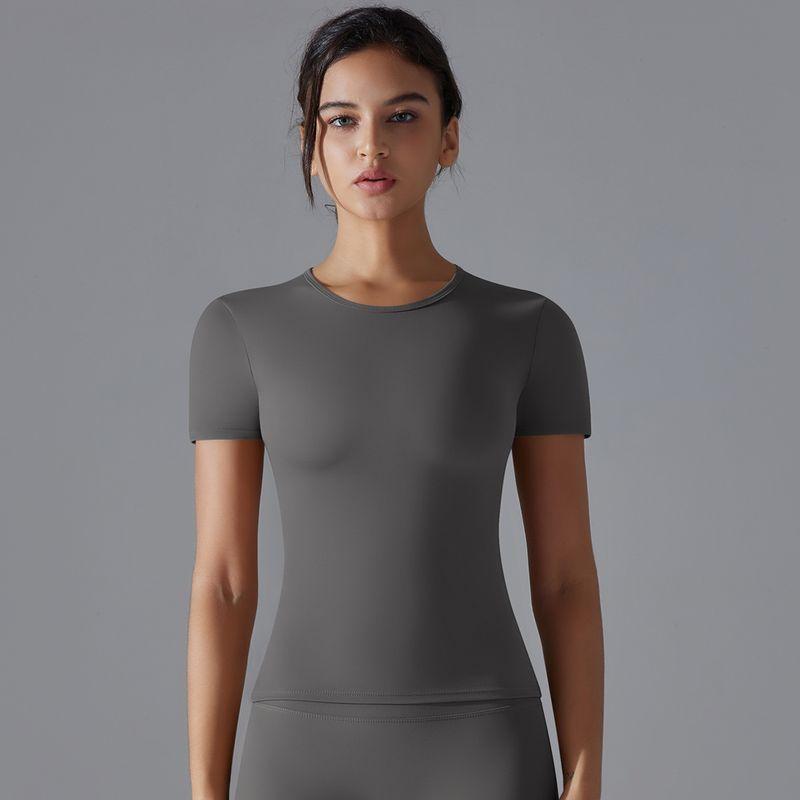 2025 Summer Pure Color Double-Sided Brushed High Elastic Tight Breathable Yoga Clothes Short Sleeve Sports Running Workout T-shirt Women