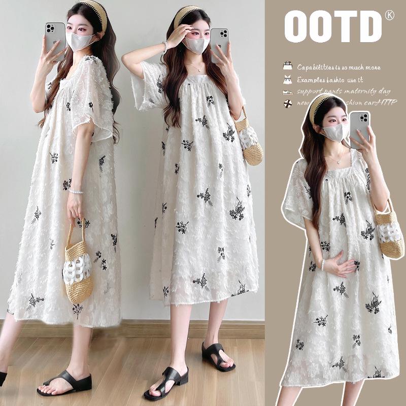 2025 Summer New Fashion Maternity Dress: Jacquard Embroidery, Mid-length, Plus Size. XL