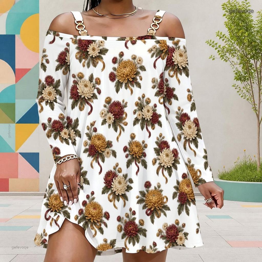 Women Plus Size Cold Shoulder Long Sleeve White Floral Printed Dress