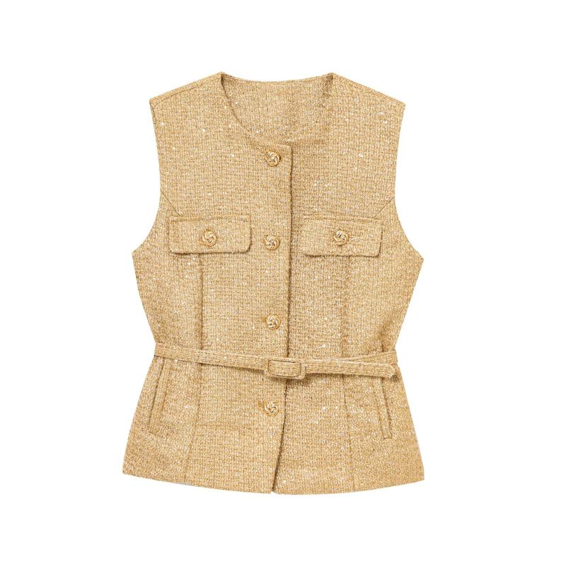 Spring and Summer New Women's Clothing Single-Breasted Flip round Neck Sleeveless with Belt Texture Vest 2132091