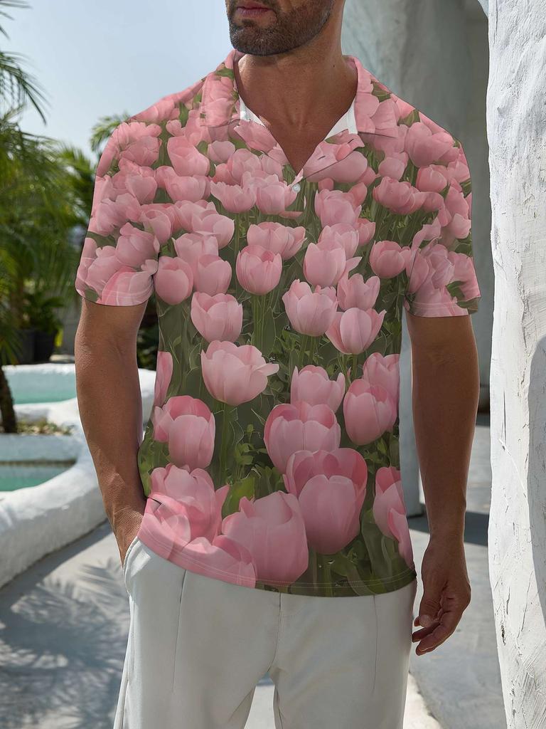 Men's Short-Sleeve Polo Shirt with Full-Body Pink Tulip Print - Button-Up Lapel Collar, Casual Summer Beachwear Suitable for Dates, Vacations, Gift -
