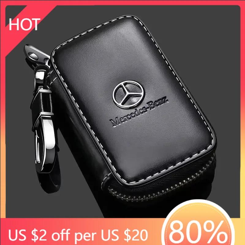 Car Sticker Leather Car Key Case Protection Auto Key Bag Key Chain Cover for Mercedes Benz New B/C/E Class A Class C200L GLC GLK