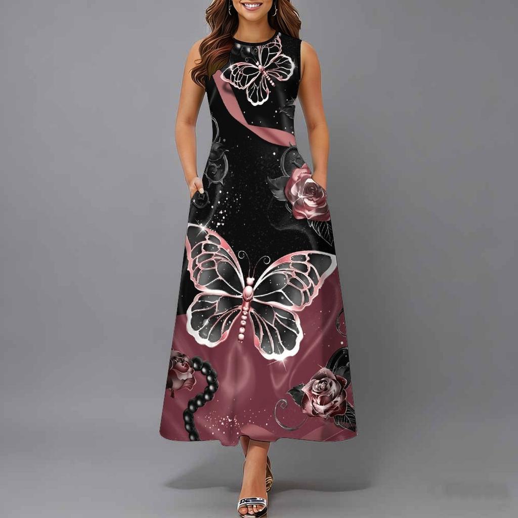 Women Oversized Sleeveless Crew Neck Dress Elegant Dense Floral Vines Flowy Calf Length Outfit