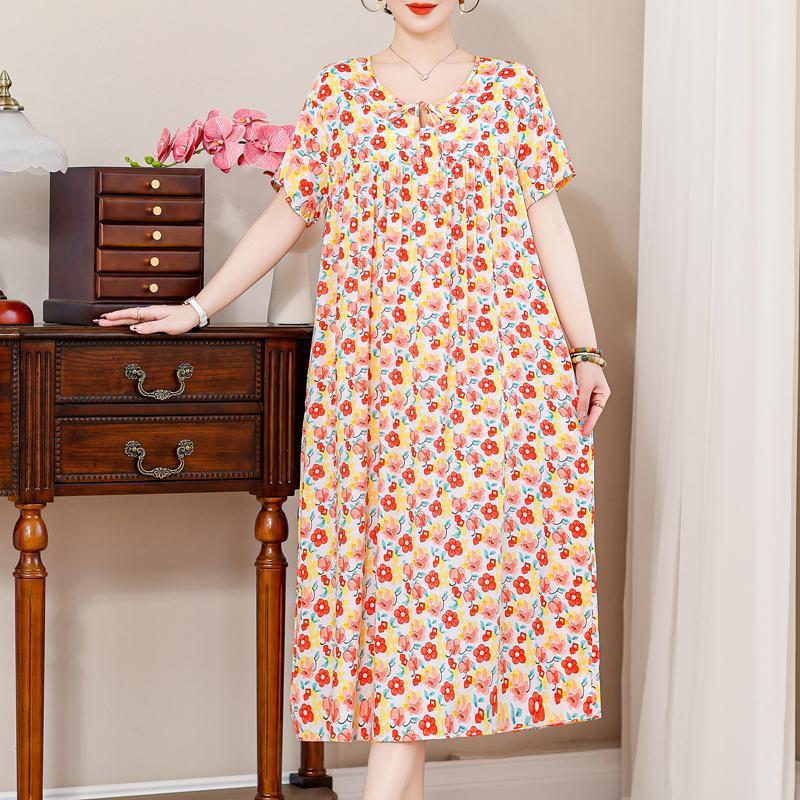 Plus Size Elegant Loose Dresses for Women Oversize Short Sleeve Vintage Print Long Dress Casual Middle-aged Women's Clothing