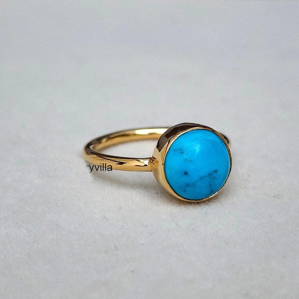 Round Cab Blue Sleeping Beauty Arizona Turquoise Silver 14K Yellow Gold Ring Jewelry