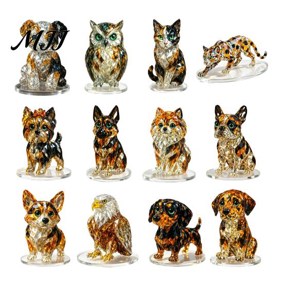 Modern Retro Interior Styling Geometric Faux Crystal Animal Sculpture, Sparkling Acrylic Cat/Owl/Eagle/Dog Statue, Exquisite Sculpture Gifts