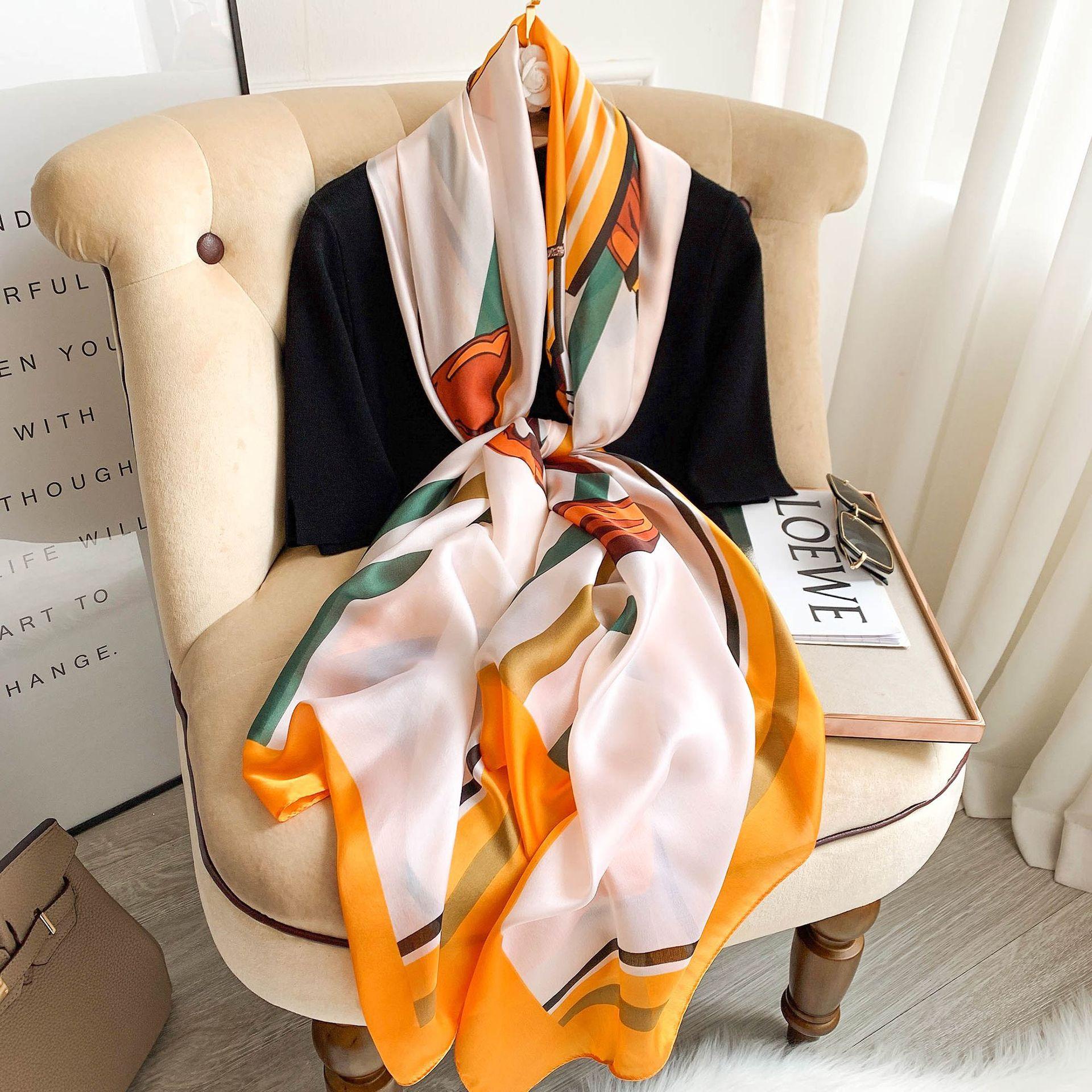 180*90cm Grote Zijde Satine Sjaal Hijab Dames Print Lente Sjaal Wrap Vrouwelijke Hand Foulard Pashmina Reis Echarpe One Size