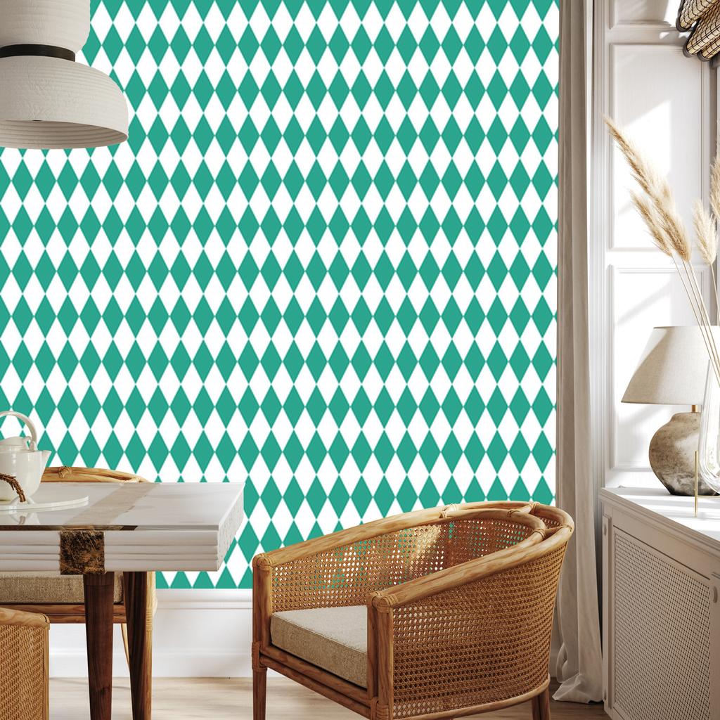 Harlequin Diamonds Wallpaper, Sea Green and White, for Living Room and Bedroom, 50x1000