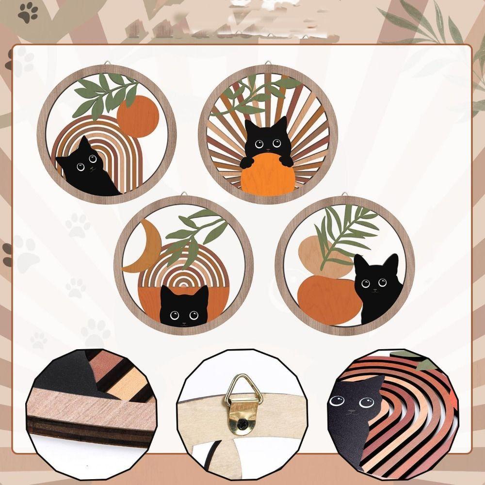4pcs Cute Black Cat Wall Decoration Wooden Background Pendant Crafts Wall Hanging  Bedroom