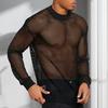 Men Mesh Top Ultra Thin See-through O Neck Long Sleeves Solid Color