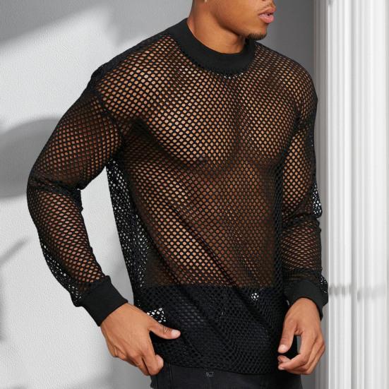 Men Mesh Top Ultra Thin See-through O Neck Long Sleeves Solid Color