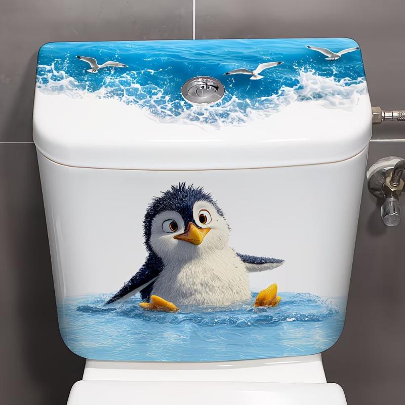 Cute Swimming Penguin Toilet Sticker Waterproof Easy Remove Decal for Toilet Lid Apartment Bathroom Budget Makeover
