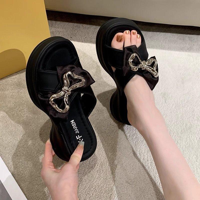 Summer fashion bow thick-soled heightened one-word slippers wear exquisite girls casual sandals