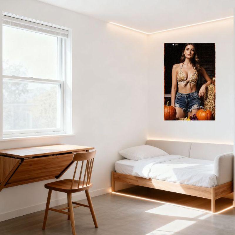 Sexy Woman Long Wavy Brown Hair Rustic Autumn Hay Bale Pumpkins Flowers Vintage Metal Tin Sign for Bar Pub Home Wall Decor