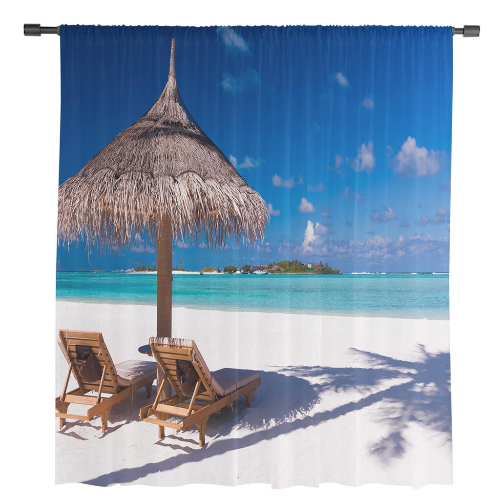 Seaside Scenery White Sand Beach Ocean Tulle Window Treatment Sheer Curtains for Living Room the Bedroom Curtains Decoration