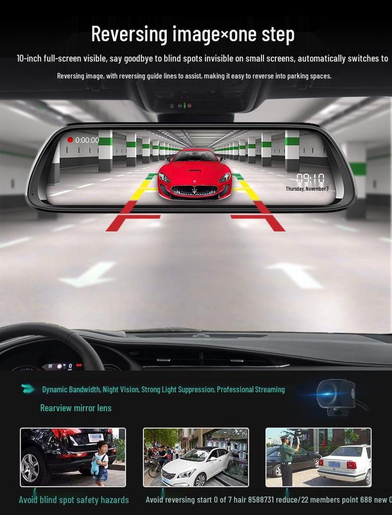 HD Dual Lens Dash Cam with Full-Screen Rearview Mirror for Front and Rear Recording