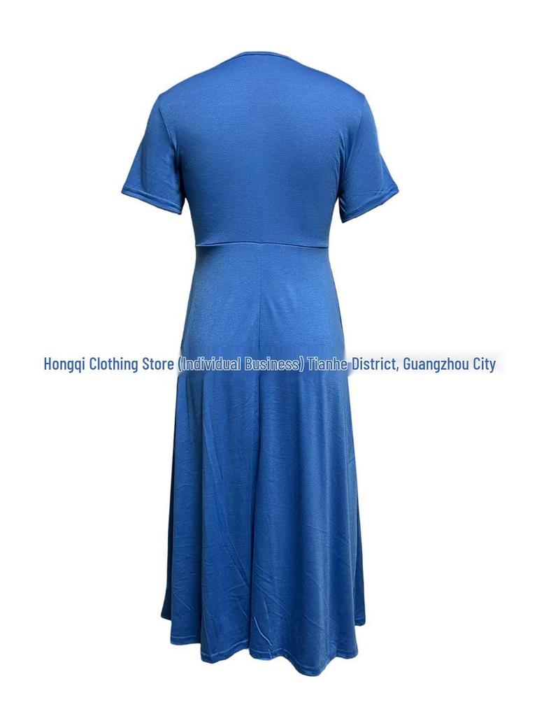 2026 Spring Solid Color V-Neck Short Sleeve Pocket Dress for Women