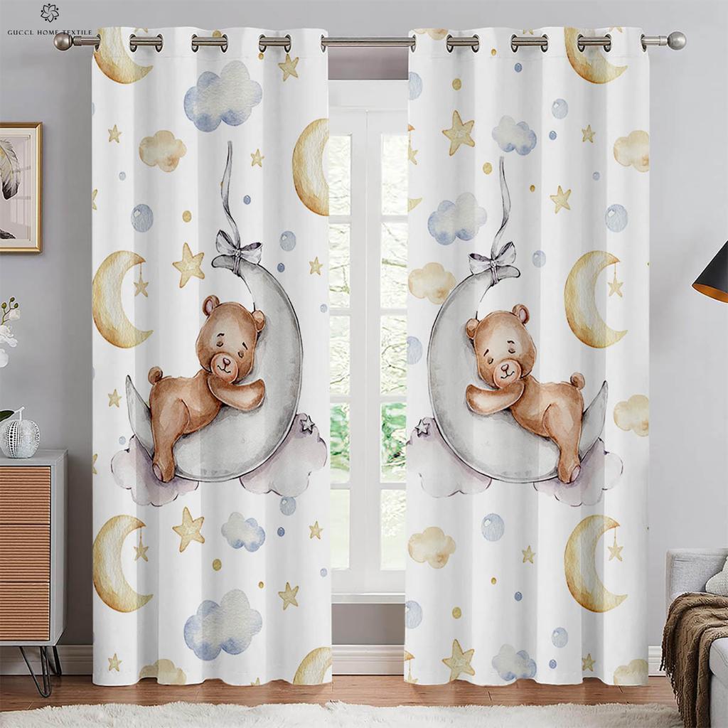 Kreslené závěsy s potiskem medvídka do dětského pokoje, dekorativní závěsy vhodné do ložnice, obývacího pokoje, okna v pracovně, 2 ks
